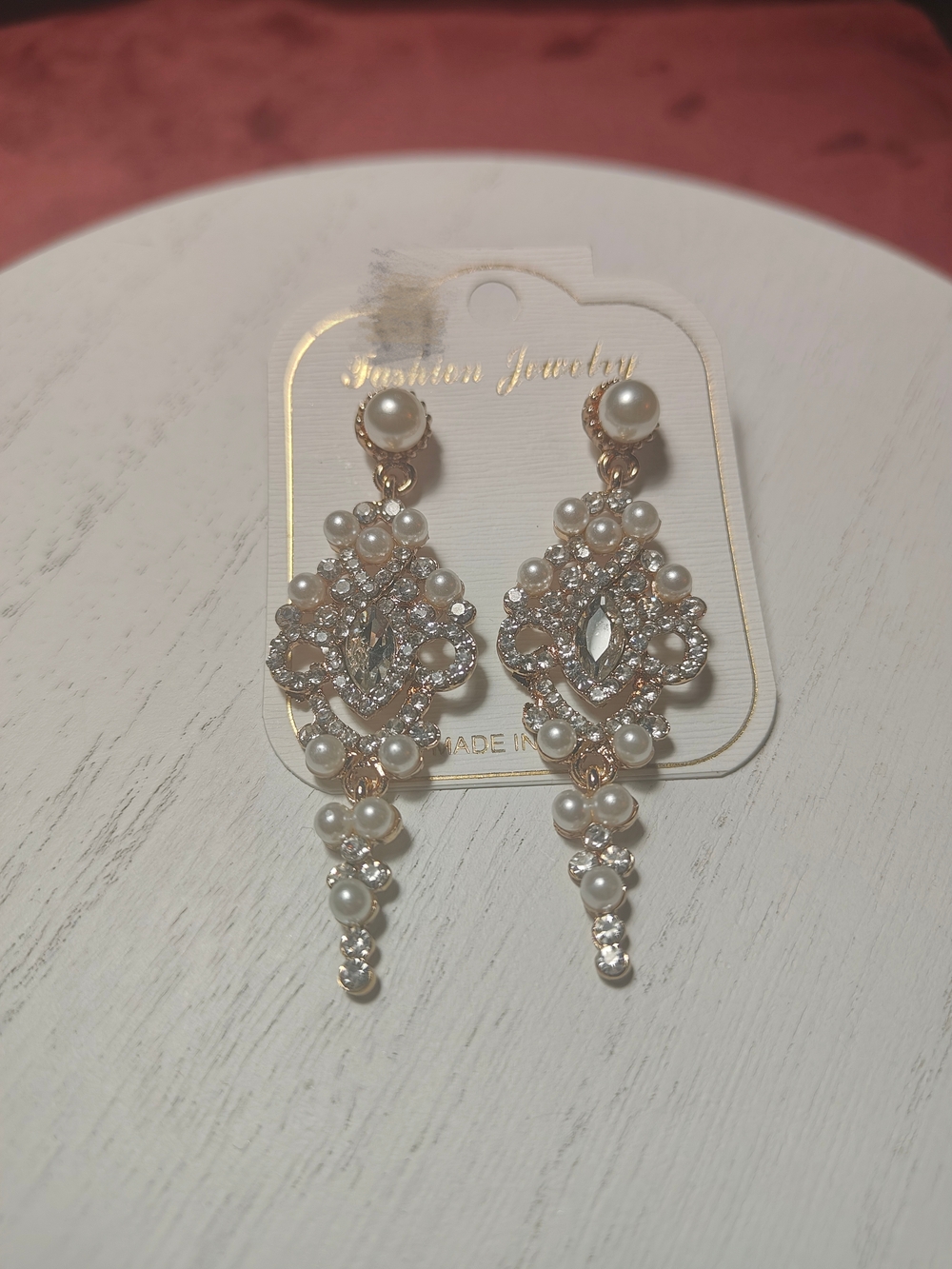 Pearl & Crystal Drop Earrings in White and Gold